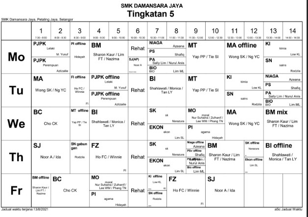 Jadual Waktu (Mulai 1 November 2021)